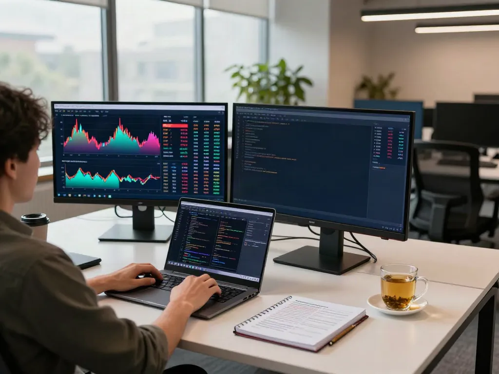 real-time financial data API shown on cryptocurrency trading monitors in modern office setup