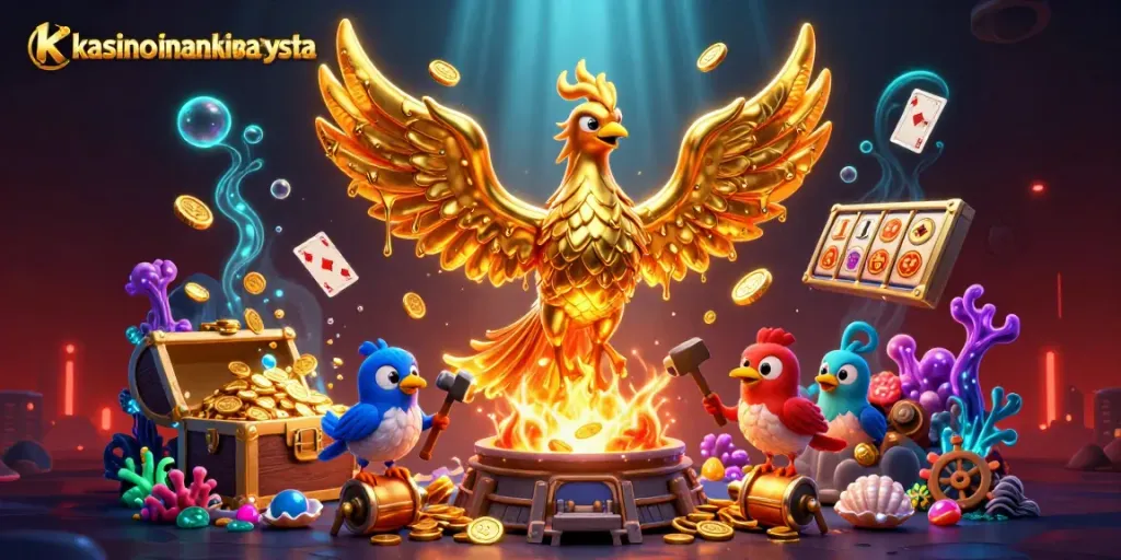 Experience kasinoilmankierratysta's vibrant casino scene with engaging golden phoenix and dynamic slot symbols.