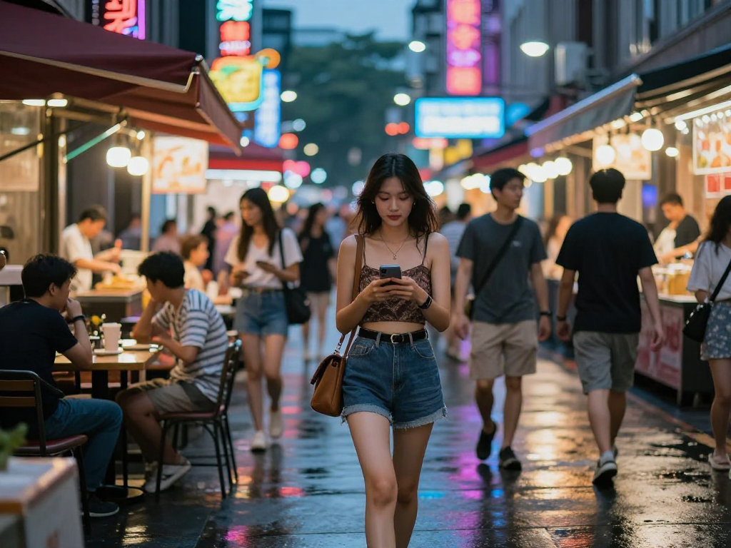 Gái gọi trong không gian phố đêm tươi sáng với đèn neon.