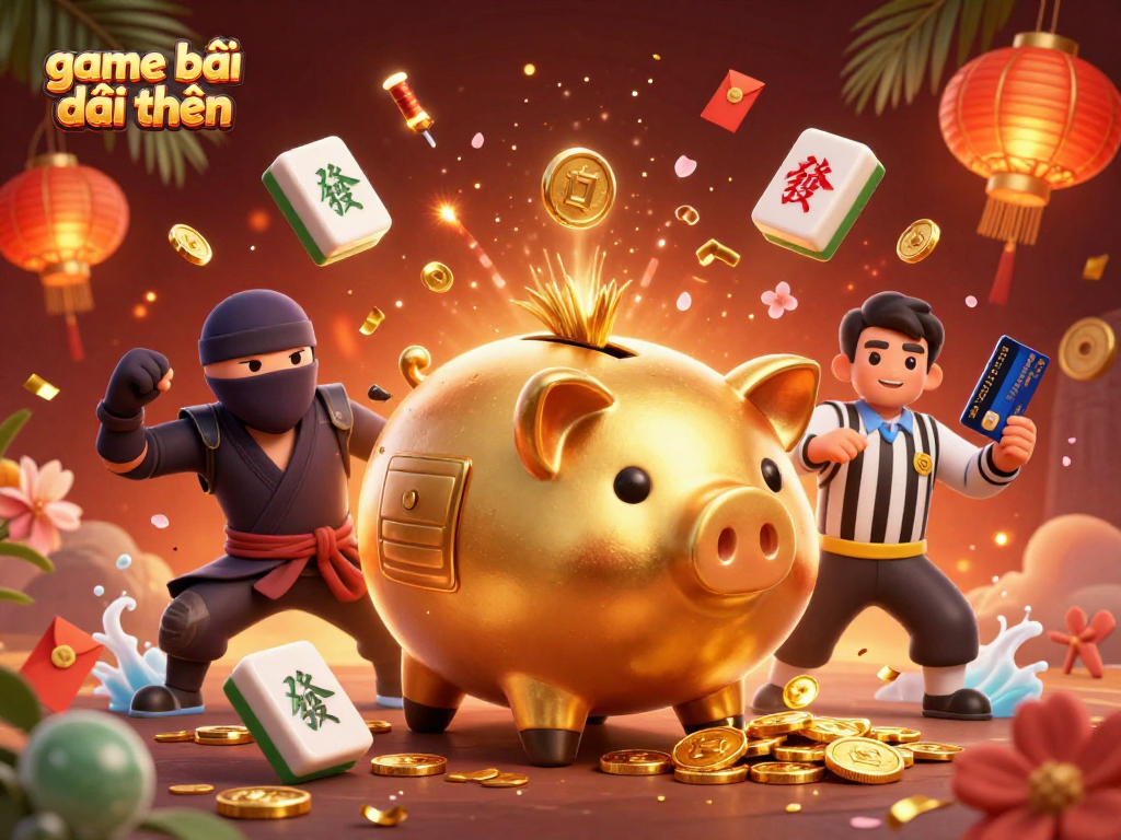 Engage with game bài đổi thưởng featuring a lively piggy bank sumo wrestling coins amidst festive casino elements!