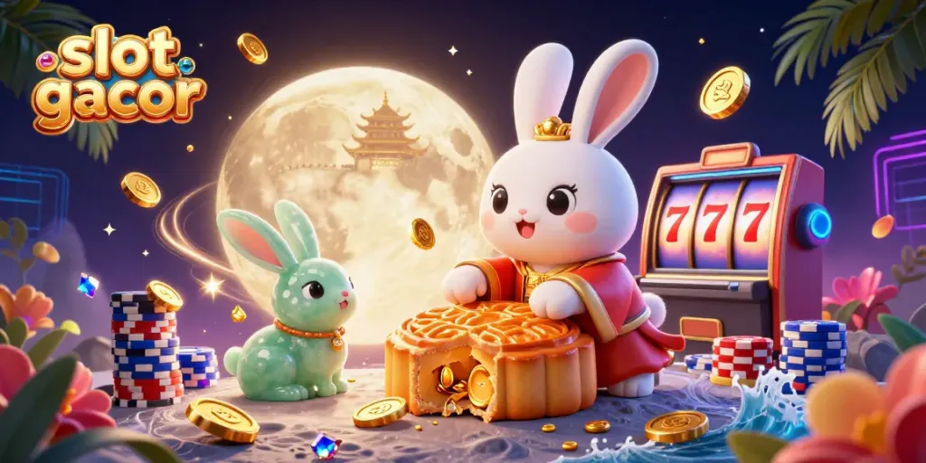 Experience the excitement of slot gacor with a vibrant 3D illustration of moon rabbits and casino elements.