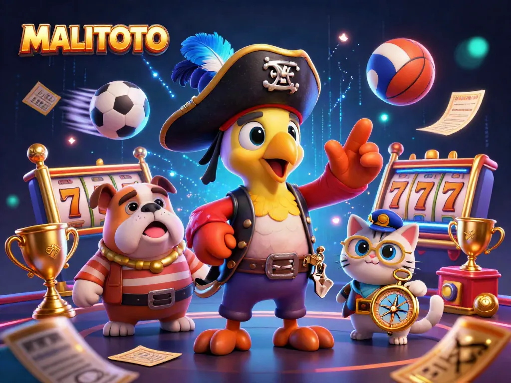 MALITOTO's dynamic casino scene showcases characters navigating vibrant gaming elements, winning big.