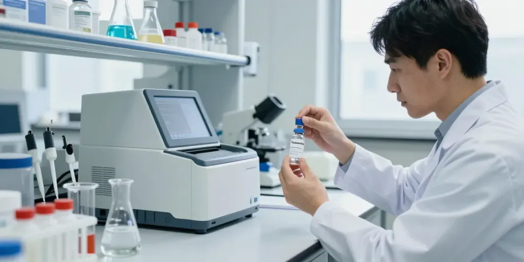 Tesamorelin for sale: researcher examining vials in a laboratory setting, highlighting scientific rigor and analytical processes.