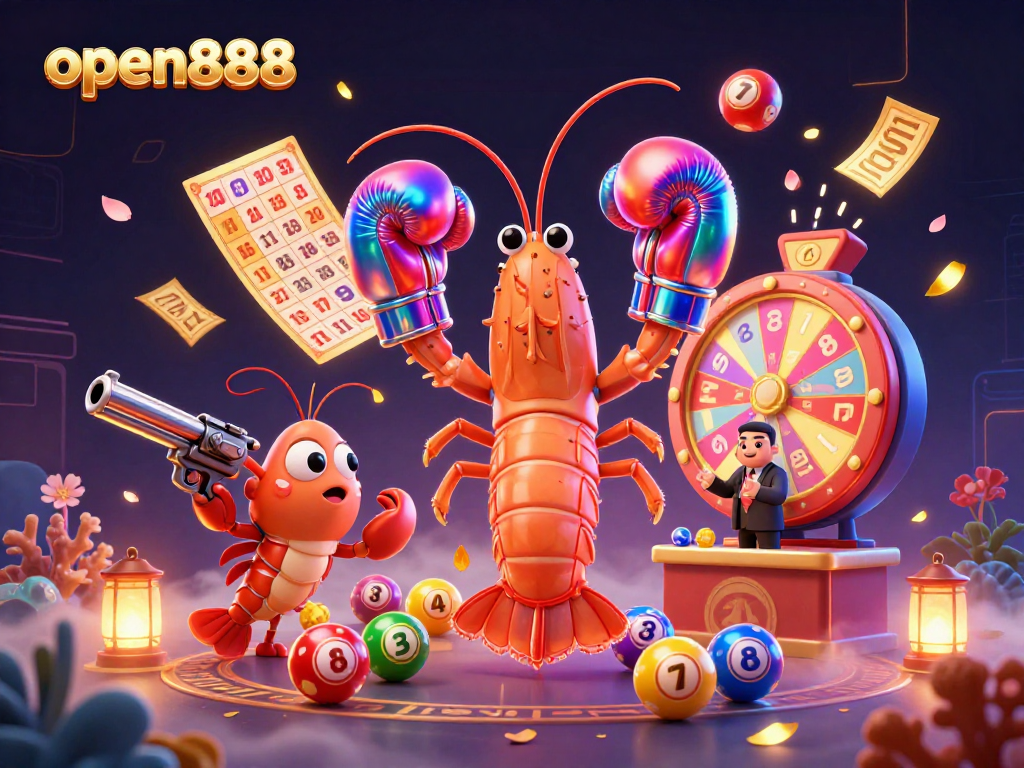 Experience the vibrant excitement of open888 with colorful lottery elements and playful 3D characters in a casino setting.