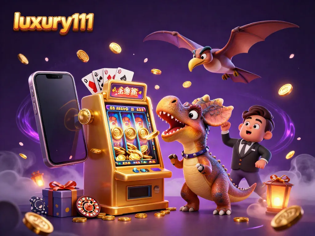 Experience luxury111 as a dinosaur interacts with a golden slot machine, surrounded by casino excitement.