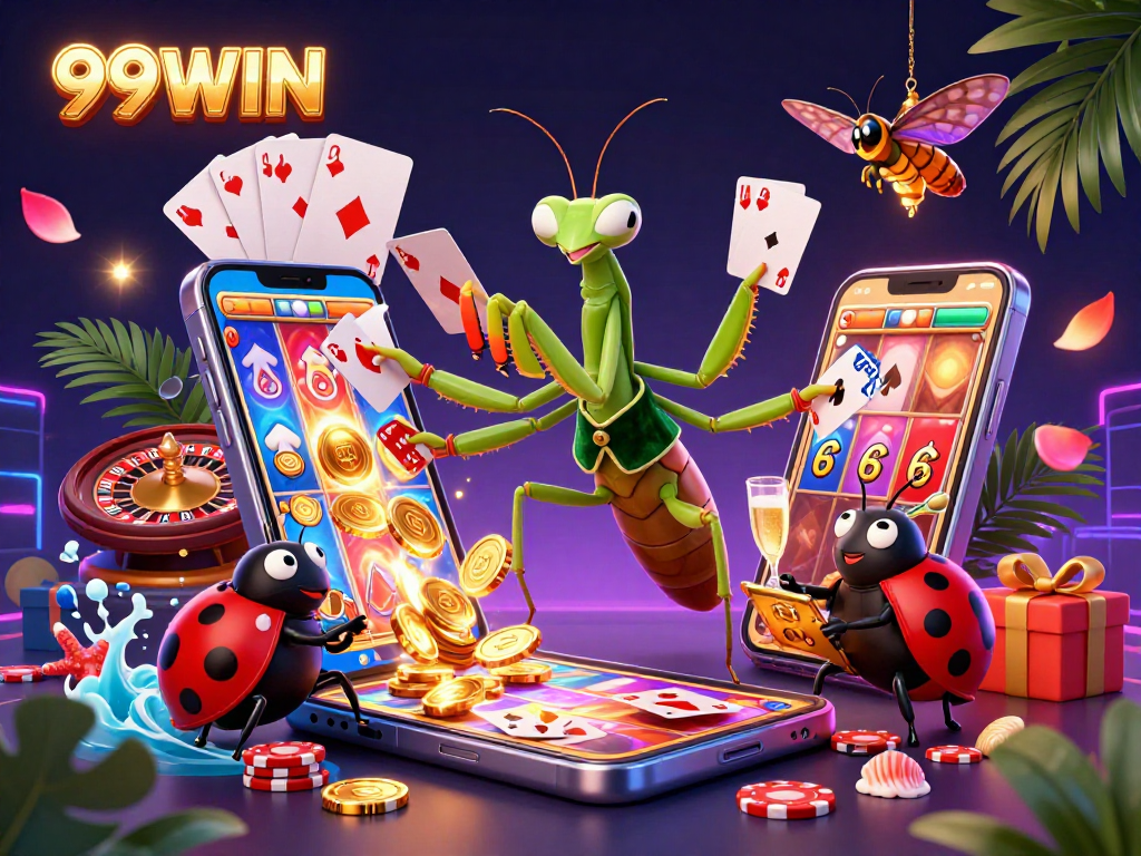 Engage with 99WIN's vibrant gambling experience featuring a lively mantis card sharp and ladybug pit boss.