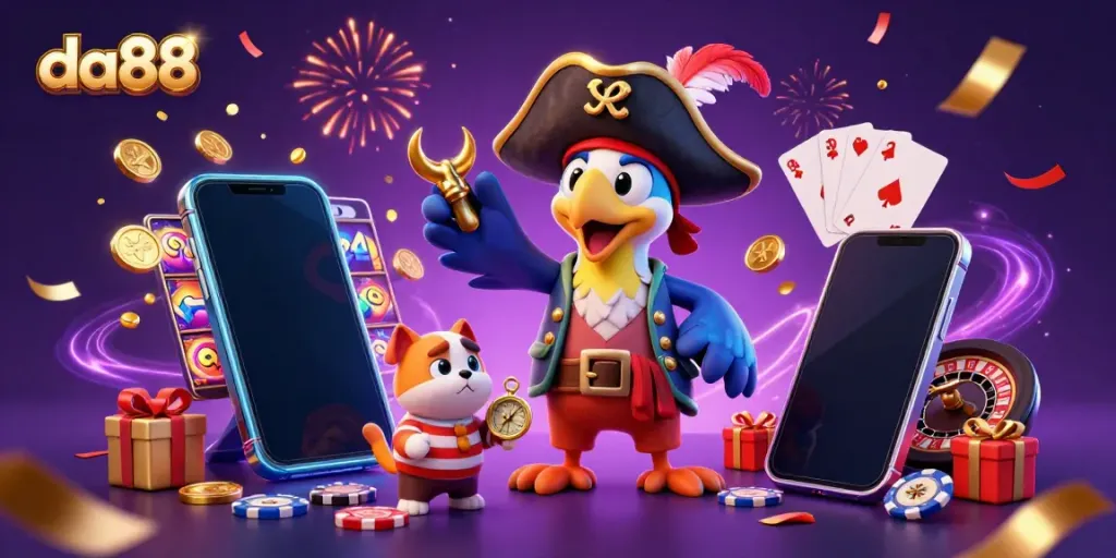 Engage with the da88 gaming adventure featuring a vibrant pirate scene with dynamic slots and celebratory elements.