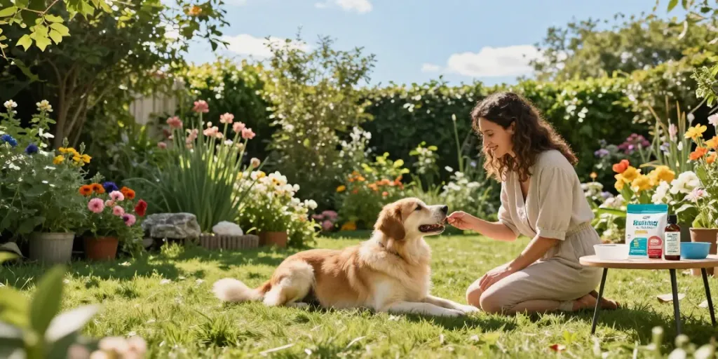 Calming Dog Treats offering in a serene outdoor setting, promoting natural wellness for pets with CBD oil.