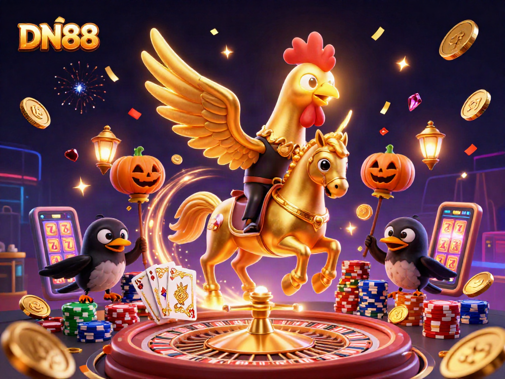 Experience the excitement of DN88 casino with golden rooster and vibrant gaming elements.
