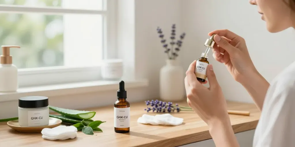 Woman applying GHK-Cu peptide serum surrounded by natural skincare ingredients in a bright bathroom.