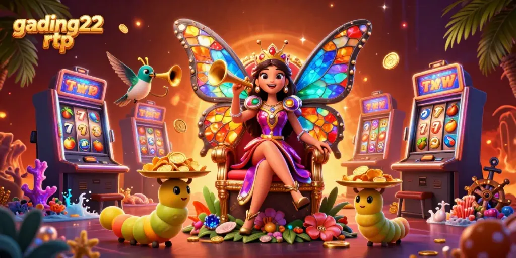 Engage with gading22 rtp, showcasing a vibrant casino scene with a butterfly queen, slot machines, and golden chips.
