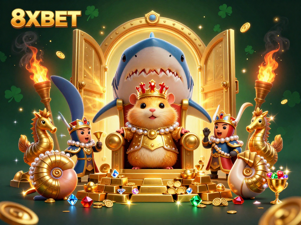 Engage with 8XBET through an exciting environment featuring a golden hamster king and treasures.