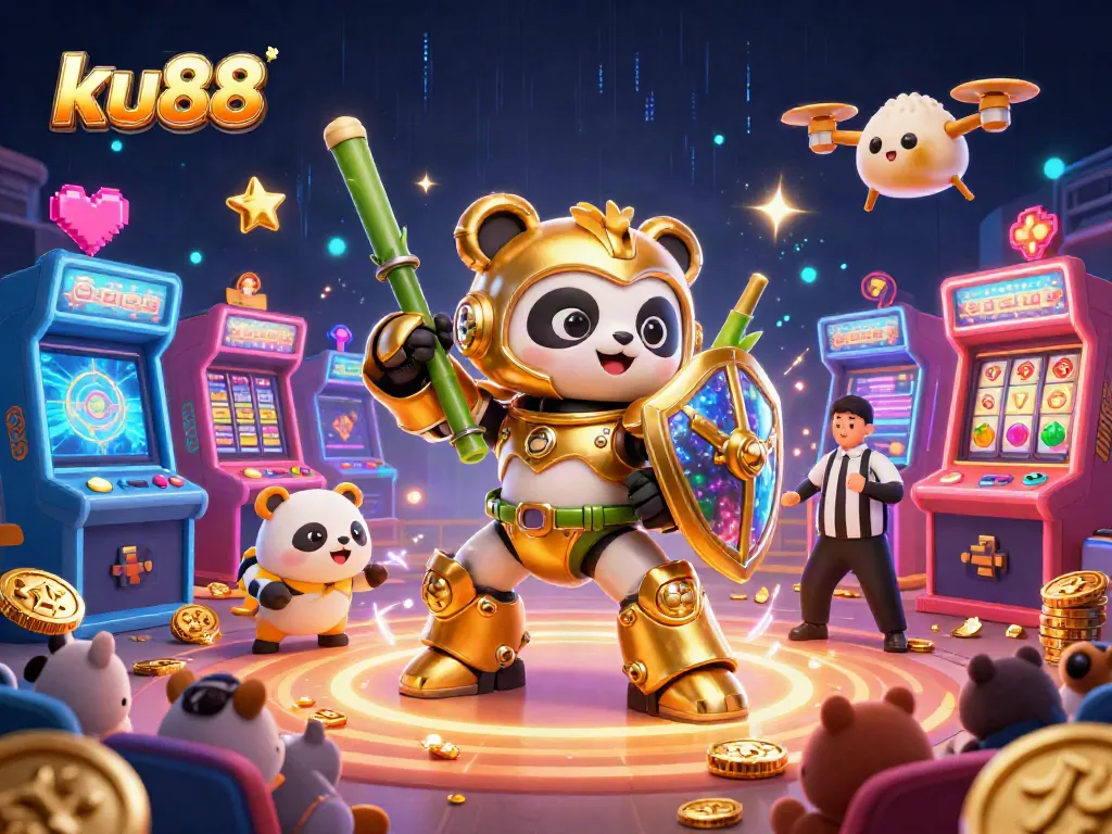 ku88 offers an engaging experience with a golden panda pilot in a vibrant casino-themed arena.