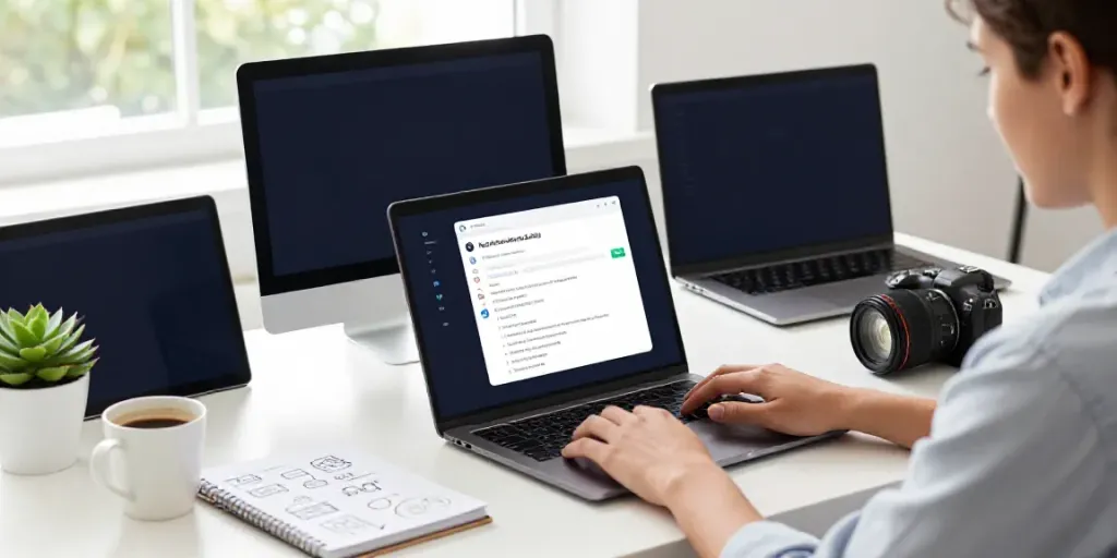 Professional using an AI text generator with credits on a sleek workspace.