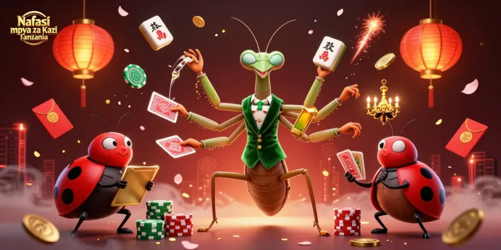 Nafasi mpya za Kazi Tanzania showcases a dynamic casino scene featuring a giant praying mantis dealing cards and chips.