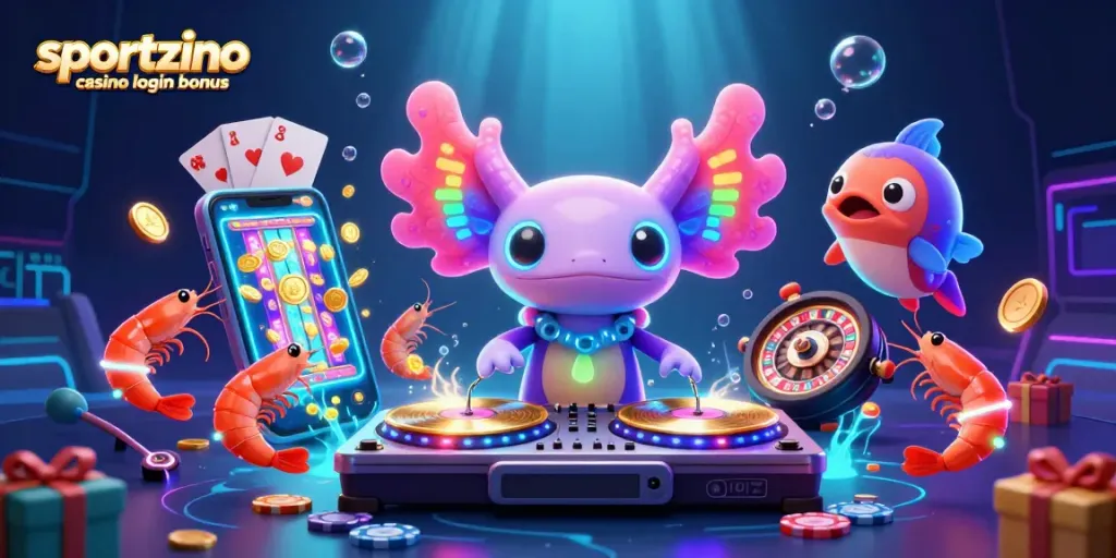 Claim your sportzino casino login bonus with vibrant underwater themed 3D illustration of animated characters and casino elements.