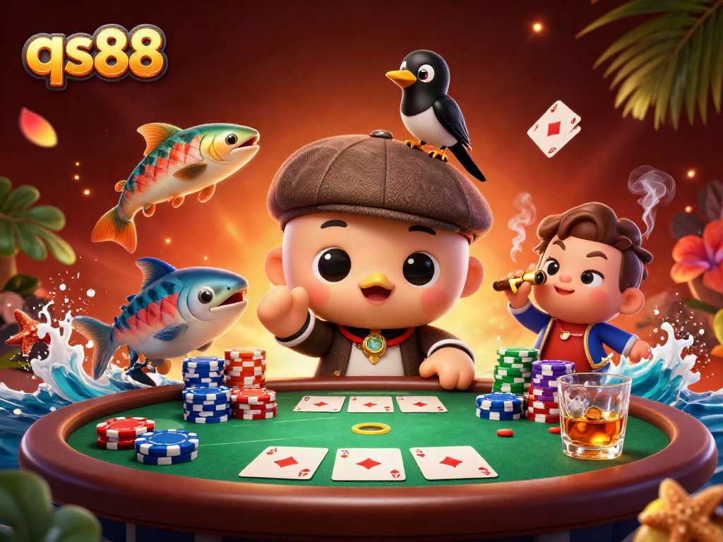 Engage with qs88 at vibrant online poker tables featuring cartoon characters and rich casino elements.