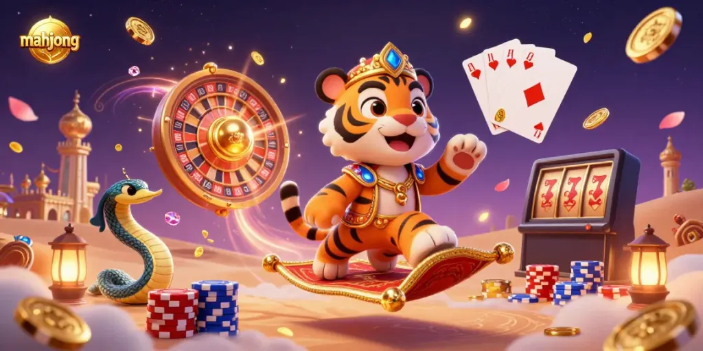 Experience the excitement of mahjong with our vibrant casino scene featuring a tiger sultan and a genie.