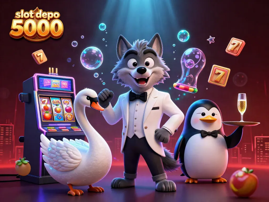 Experience the excitement of slot depo 5000 with a vibrant 3D casino scene featuring joyful characters and slot game elements.