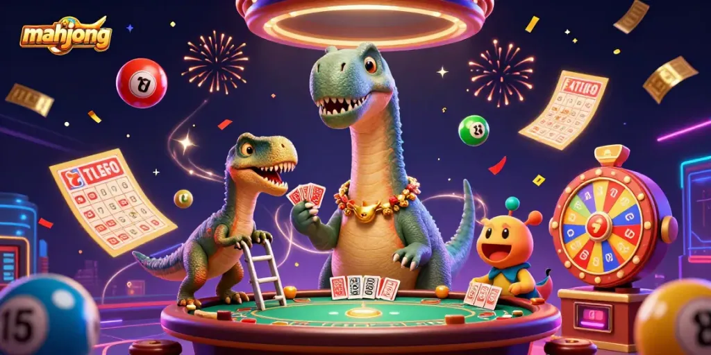 Engage with mahjong in this vibrant casino scene featuring playful cartoon characters.