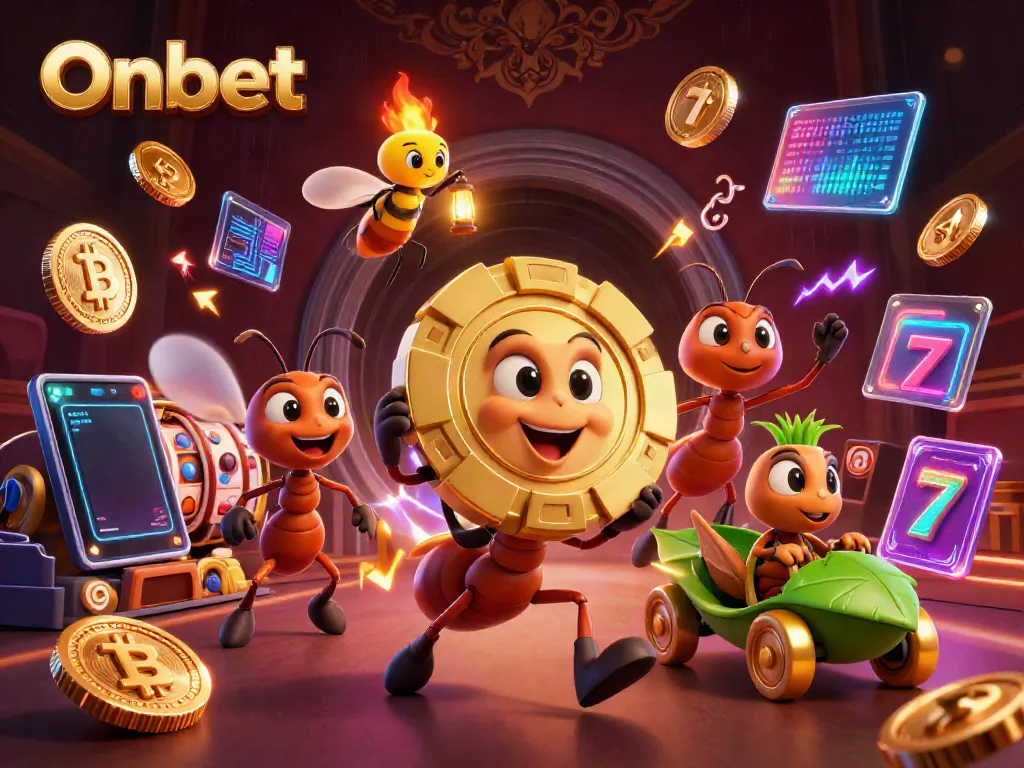 Onbet transforms gambling with colorful 3D cartoon ants heisting a giant poker chip amidst vibrant casino elements.