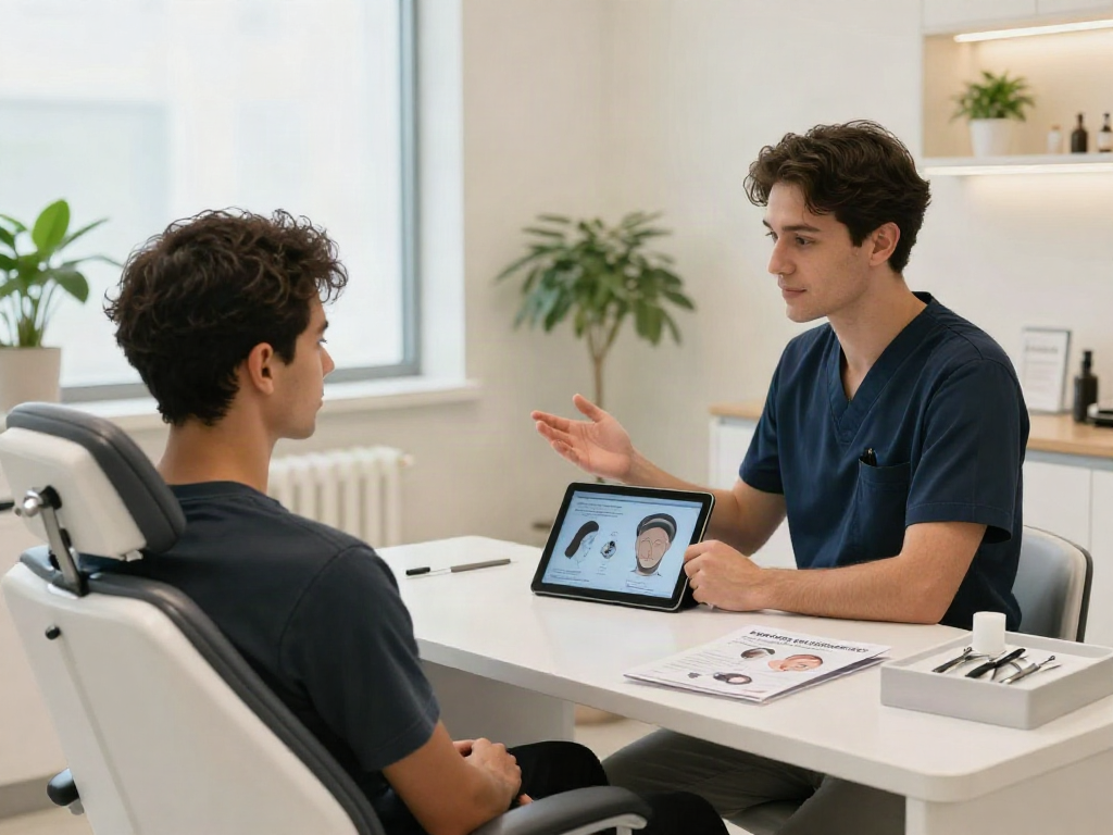 Consultation at a hair transplant clinic discussing turkey cost options for patients