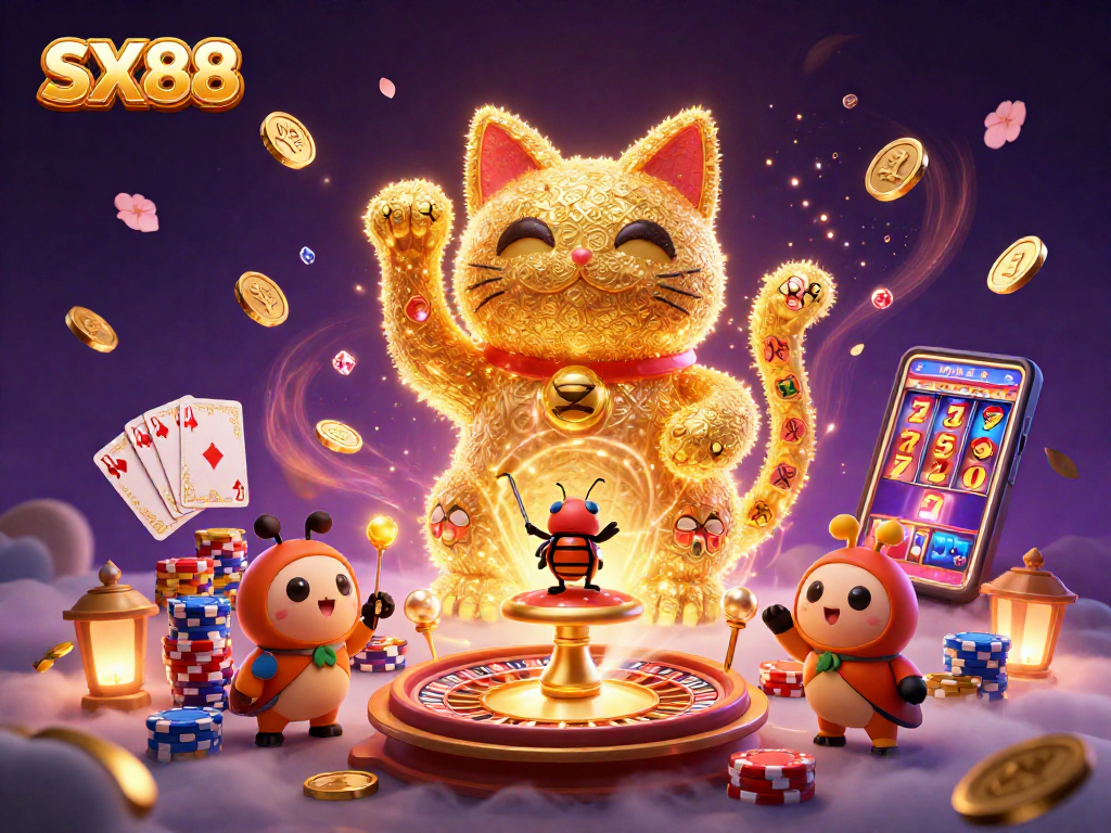 Experience the thrill of SX88 casino with a dynamic illustration featuring golden fireflies as a lucky cat amid vibrant gaming symbols.