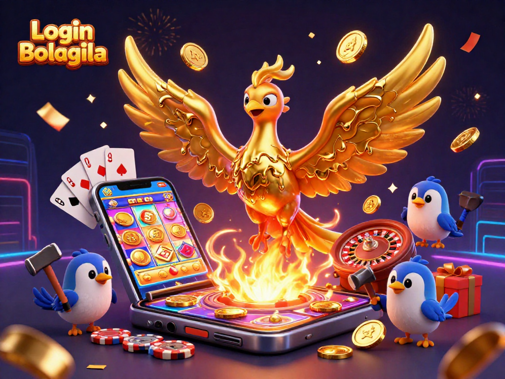 Experience thrilling wins with Login Bolagila, as molten gold transforms into coins in a vibrant casino scene.