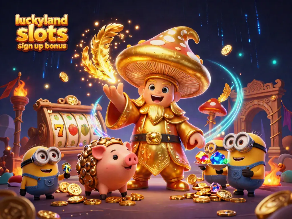 Win with the luckyland slots sign up bonus in vibrant 3D casino magic scene filled with treasures!