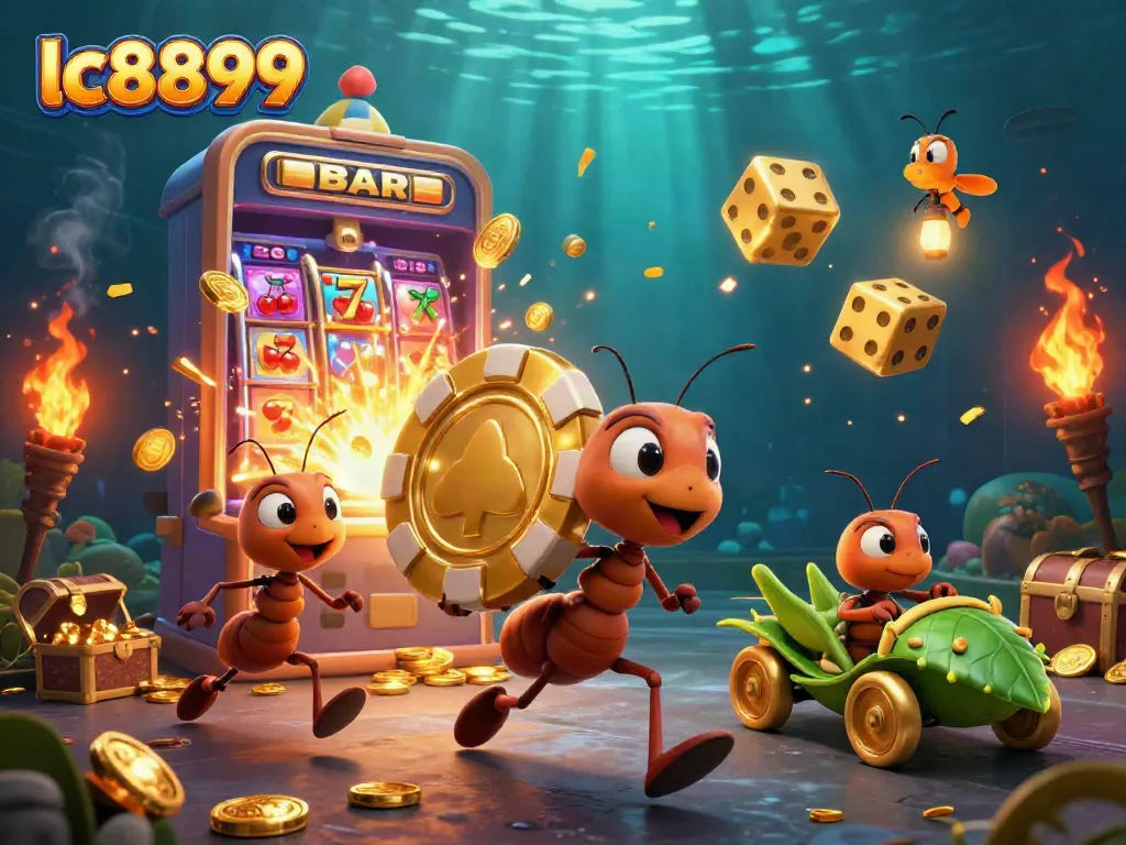 lc88999 ants heist scene with giant poker chip amidst vibrant casino elements