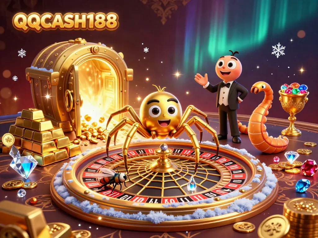 Experience thrilling bets at QQCASH188 as a golden spider spins a roulette wheel under a treasure vault.