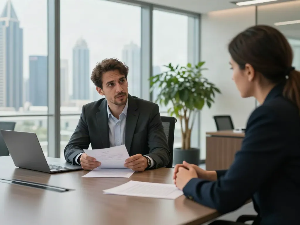 Rental Dispute Lawyer In Dubai consulting with a client in an elegant office environment.