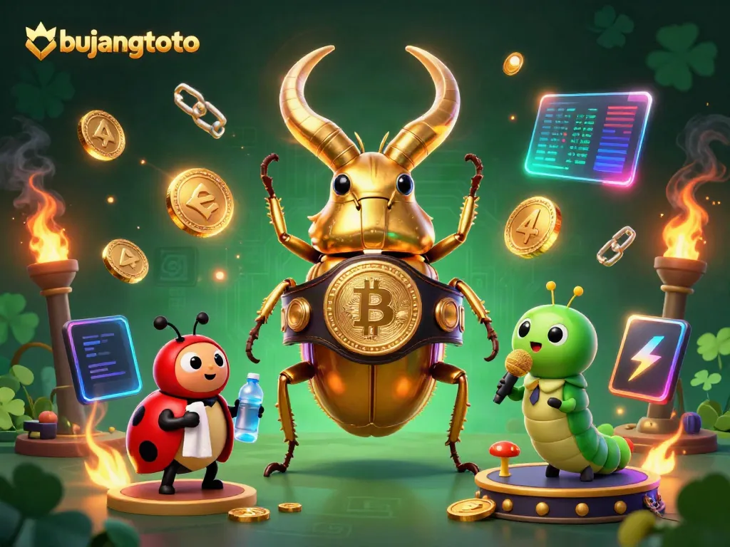 Engage with bujangtoto in a vibrant 3D casino showdown featuring stylized characters and crypto elements.