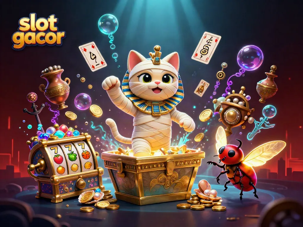 Slot gacor mengkombinasikan mumi kucing dan scarab di kasino piramid, dikelilingi koin dan simbol slot.