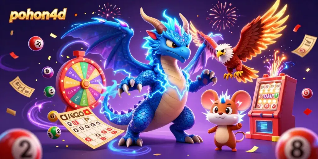 Exciting lottery and gaming scene featuring pohon4d's dynamic characters amidst colorful elements.