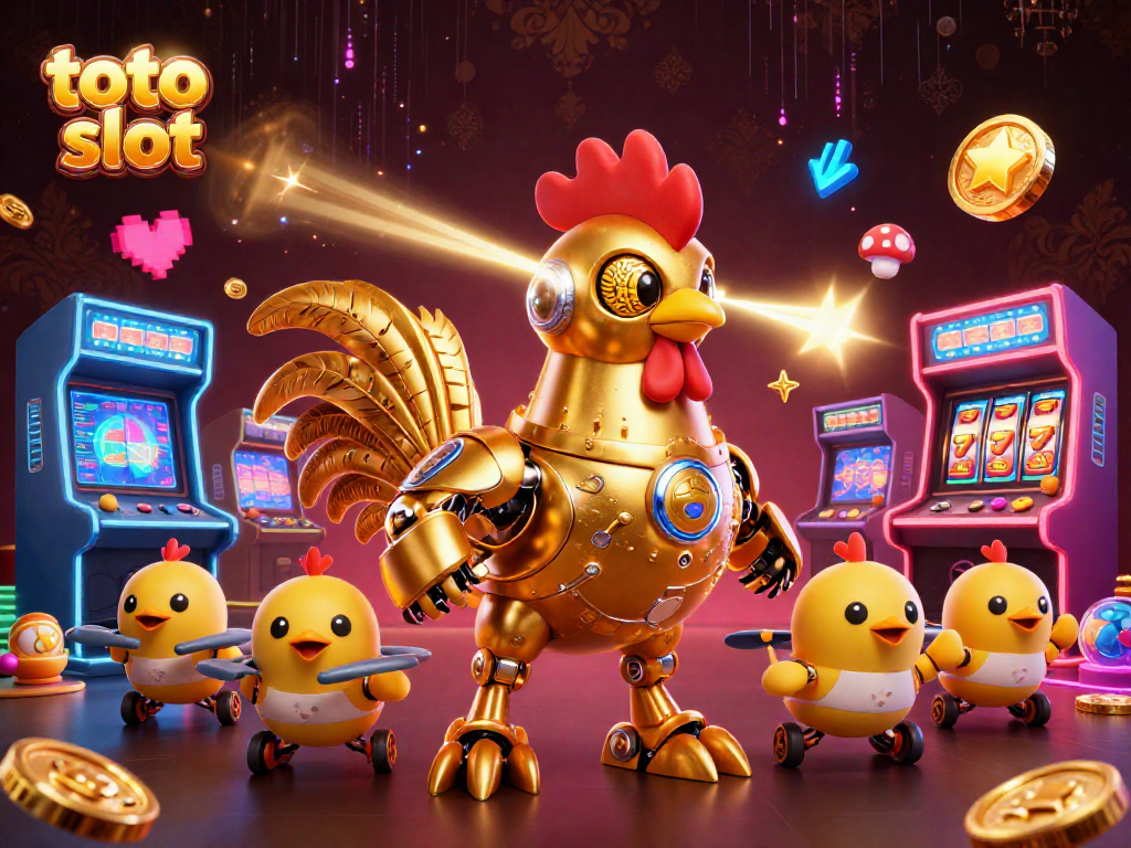 Bermain toto slot dengan robot ayam emas yang futuristik dan drone anak ayam, dikelilingi mesin permainan 3D berwarna.