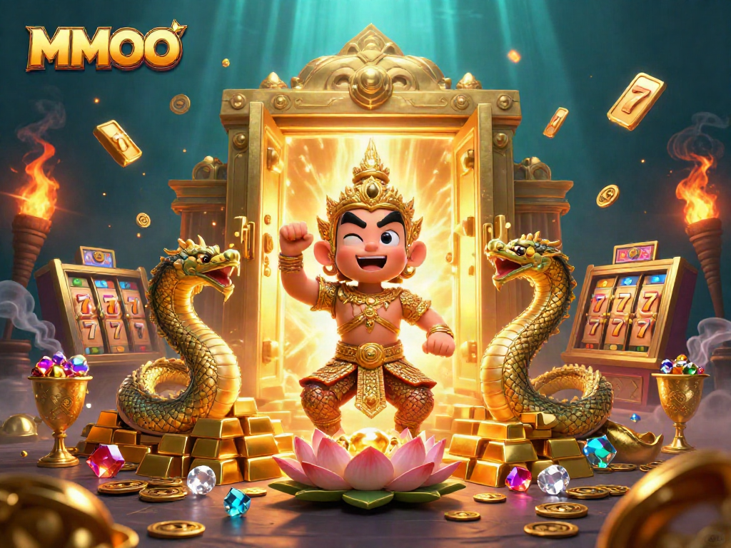 Engage with MMOO's vibrant scene featuring a Thai guardian and slot elements for thrilling gaming.