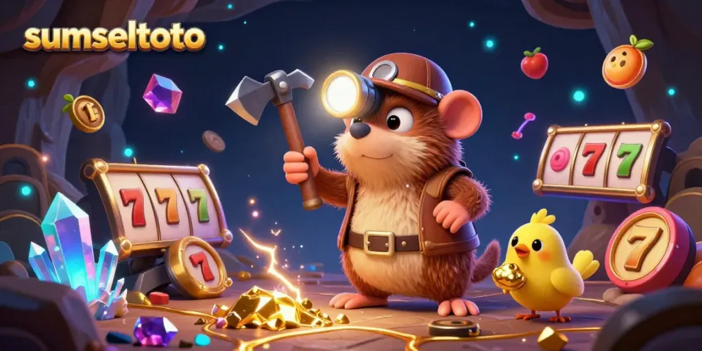 Experience the thrilling world of sumseltoto with a treasure hunter mining in a dazzling casino cave filled with gold.