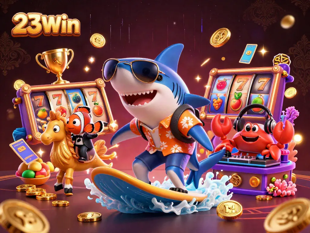 Experience the thrill of winning with 23Win online slots amidst colorful 3D characters and vibrant gaming elements.