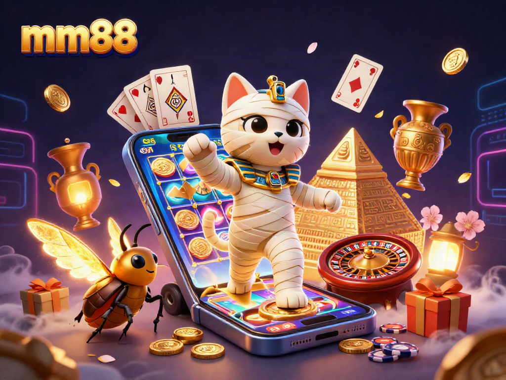 Engage in thrilling mm88 casino adventures with a mummy cat and scarab beetle amidst vibrant game elements.