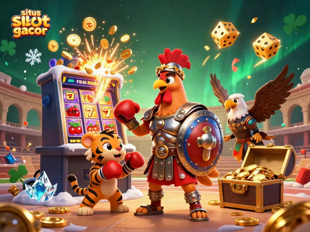 Gambarkan situs slot gacor dengan ilustrasi kasino yang penuh semangat dan detail 3D.