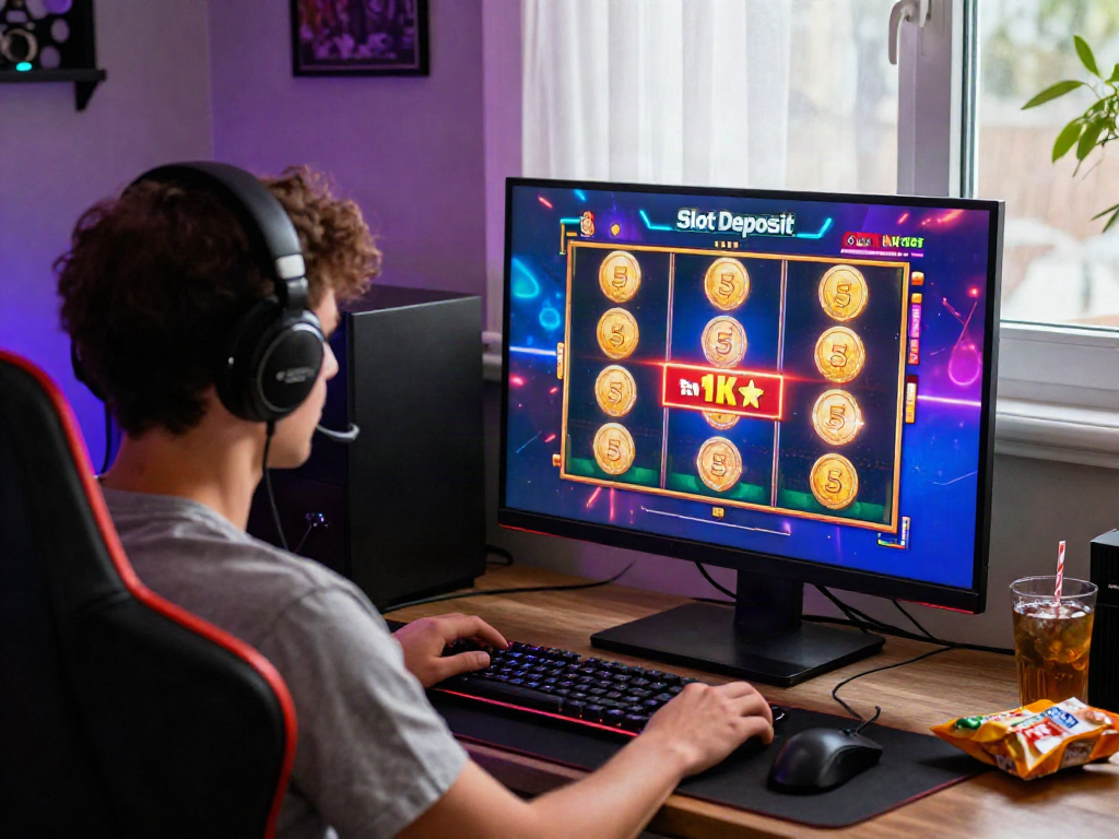 Engaged player experiencing a slot deposit 5k at a vibrant online casino gaming setup, highlighting excitement and modern technology.