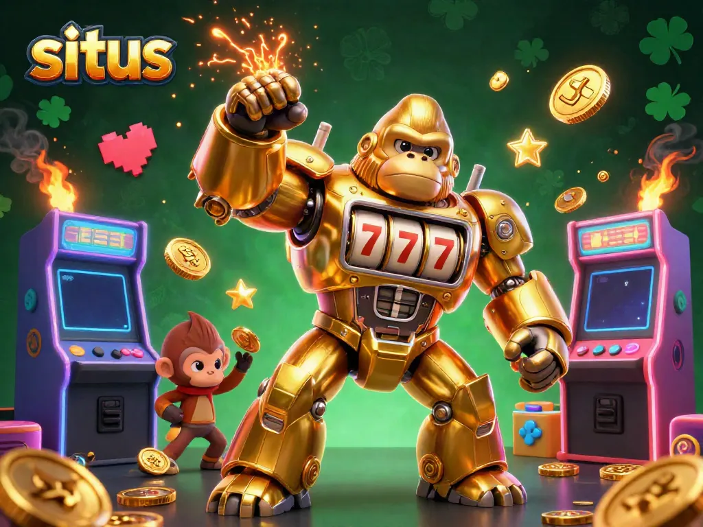 Experience thrilling spins with situs slot as the golden gorilla mech bursts with coins and excitement.