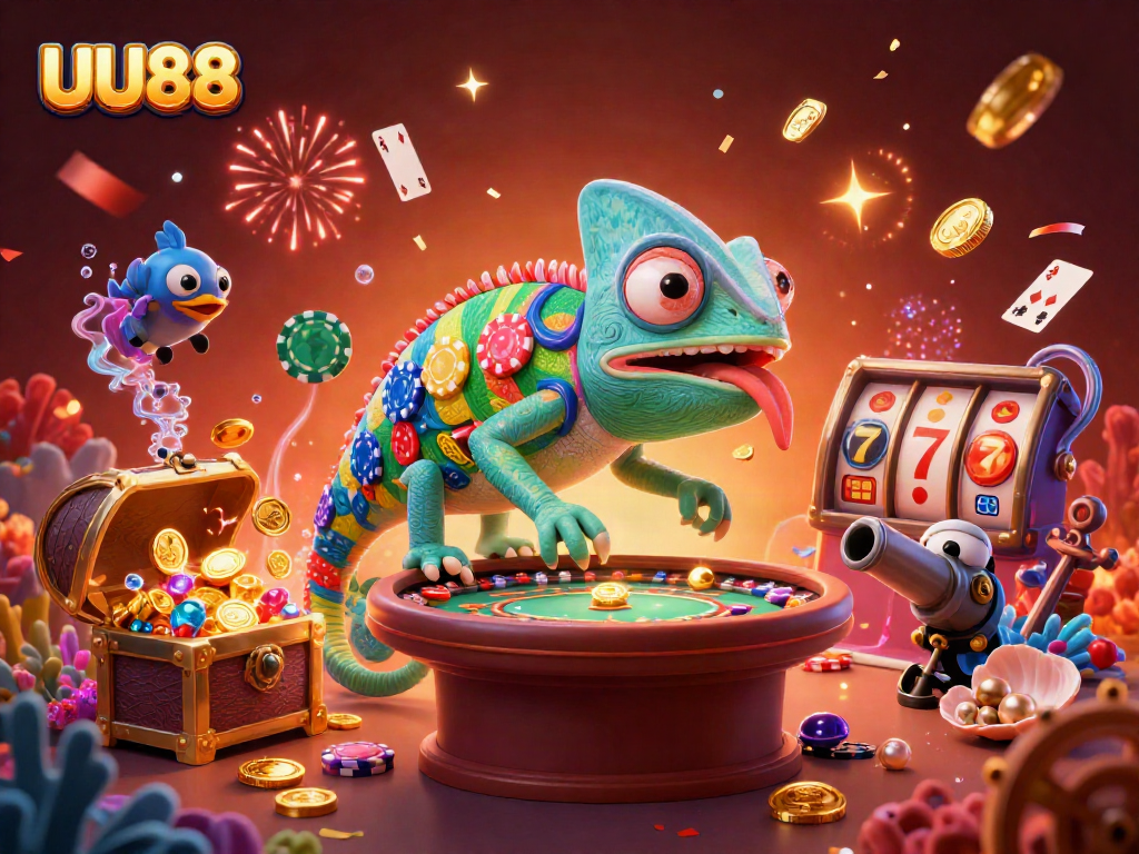 Engage with UU88's vibrant casino scene featuring a chameleon owner and rich gaming elements.