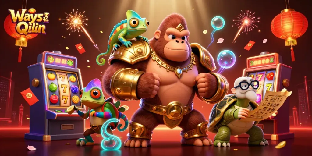 Spin the reels in stunning Ways of the Qilin 3D scene filled with vibrant casino elements.