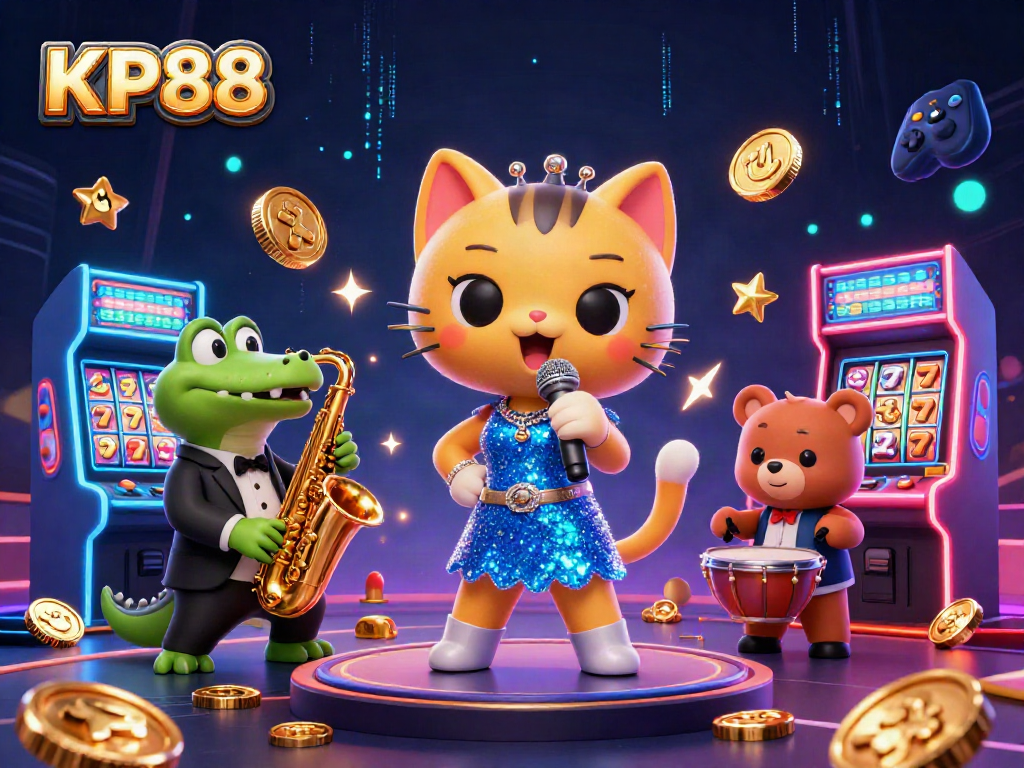 Engage with KP88's vibrant online casino experience featuring colorful machines and lively characters.