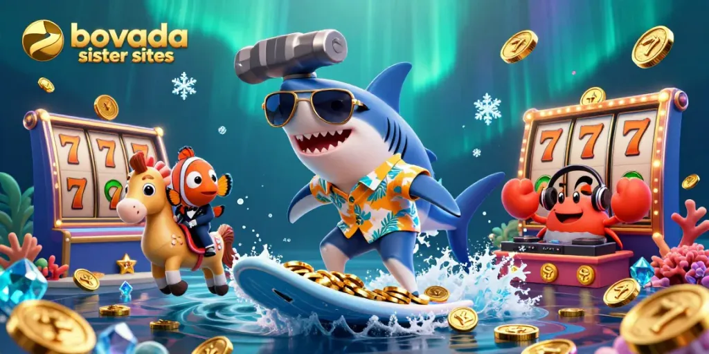 Surf top bovada sister sites with a fun 3D illustration featuring a shark and clownfish.