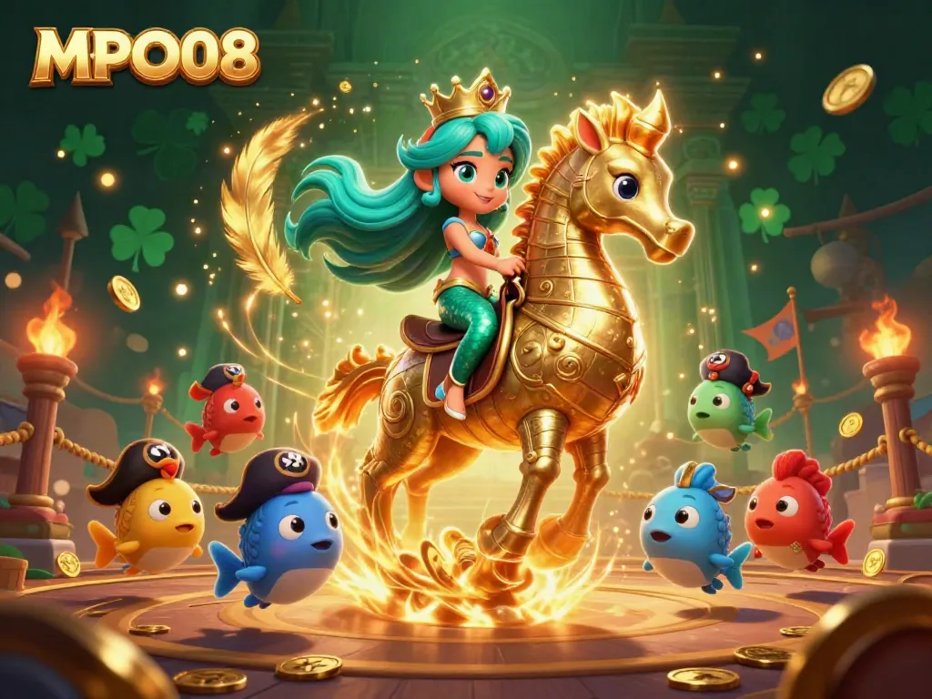 MPO08 mermaid princess and seahorse navigating a vibrant casino battle scene filled with gold coins.