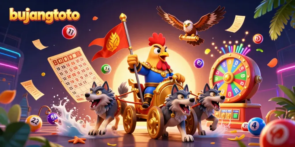 Engage in thrilling bujangtoto lottery adventures with dynamic colorful elements and a roaring warrior.