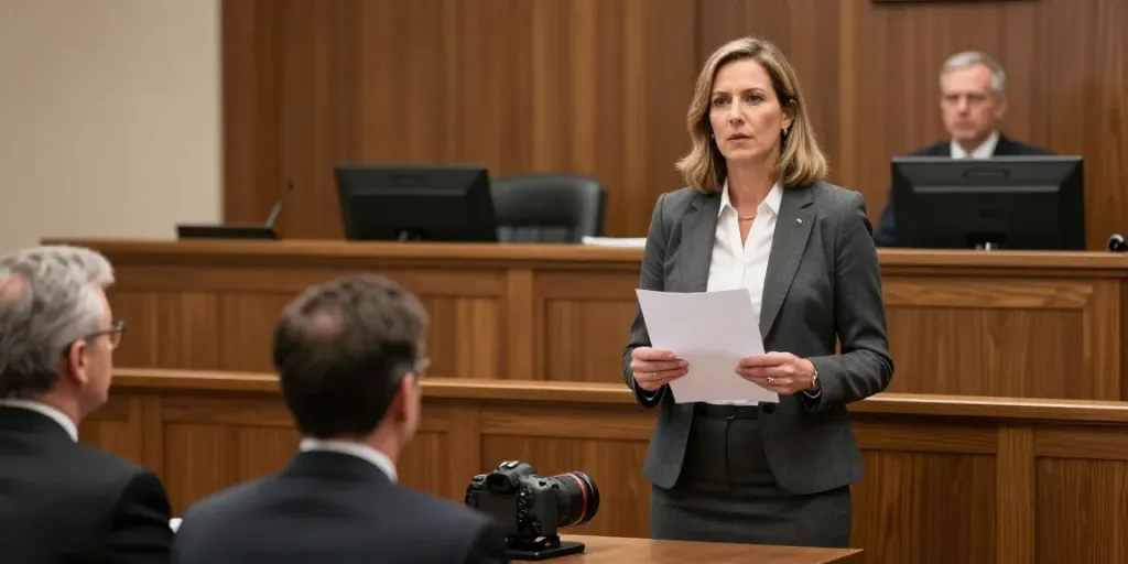 Karen McCleave attorney presenting a case in a courtroom, showcasing her legal expertise in action.